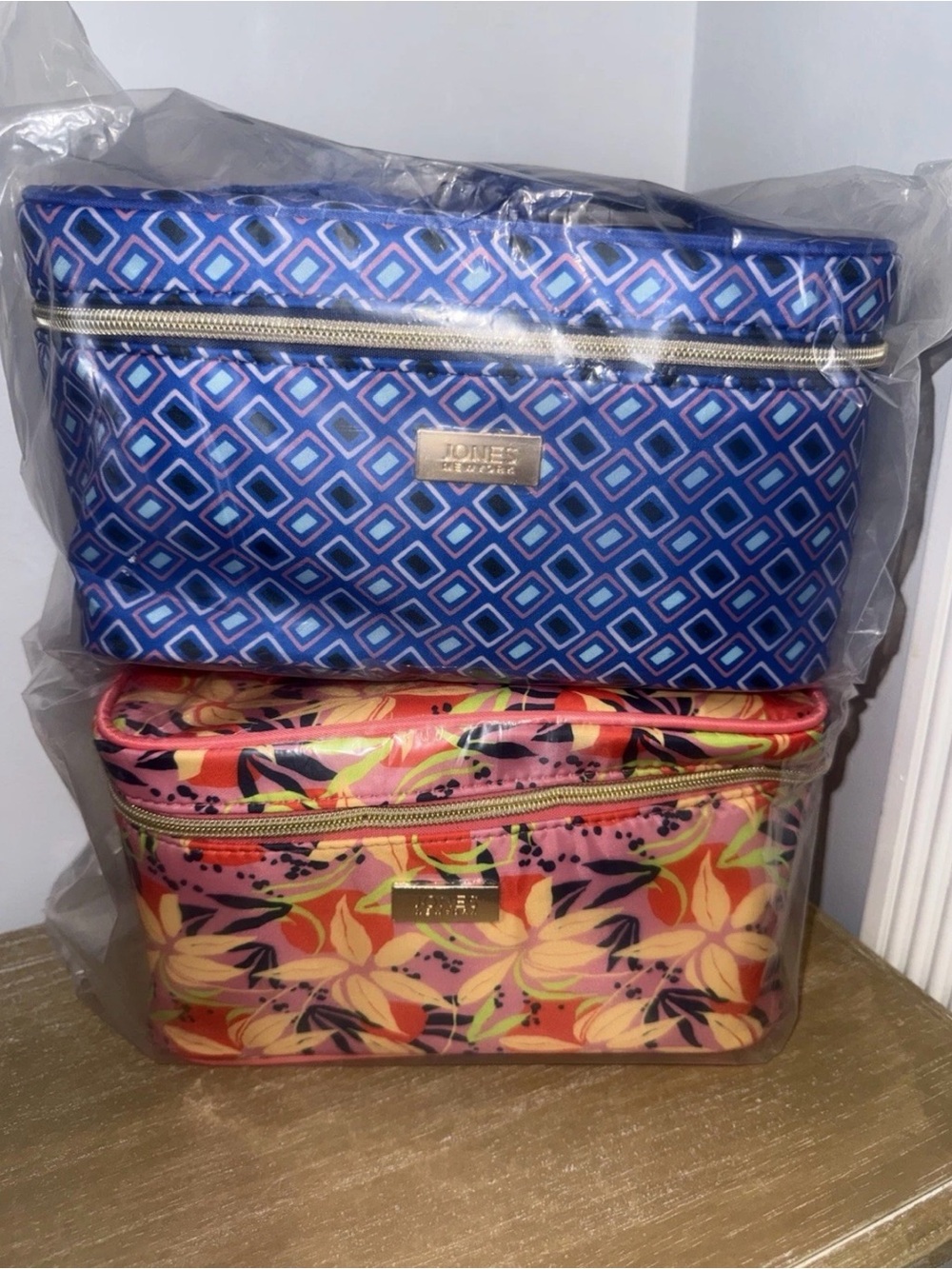 Jones New York Blue Geometric and Pink Floral Cosmetic Case Set